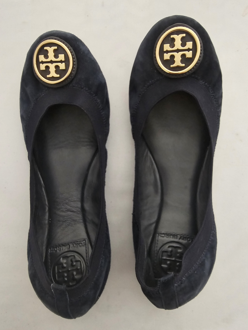 Tory Burch Navy Suede Ballet Flats with Gold Logo Medallion